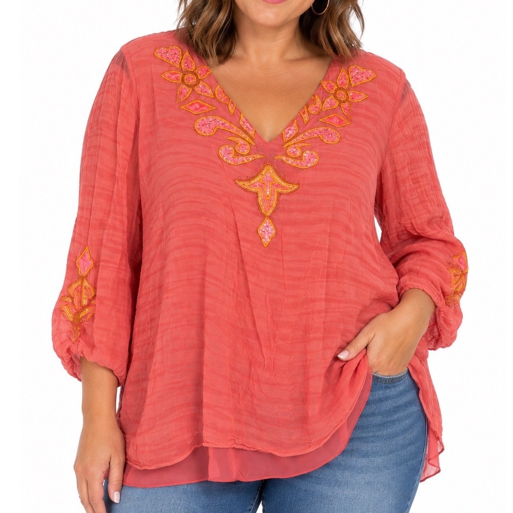 Diane Gilman Silk Tunic Blouse Coral Pink Sequin Embroidered Zebra Stripe 2X